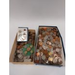 Two trays containing mostly british coinage from early 20thc to late 20thc including two