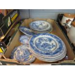 A box containing mostly assorted blue and white dinner plates and dishes, etc