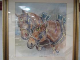 A pair of framed watercolours of horses, Suffolk Punch and Percheron, initialled to bottom right D.