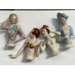 Four early 20th Century glazed china half dolls including flapper