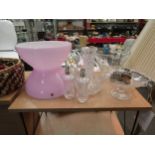 A selection of glassware including Stuart crystal bowl, pink vase, pepperettes and plated napkin