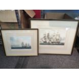 Two prints of seafaring senes, framed and glazed