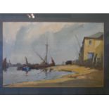 EDWARD WESSON: A watercolour of harbour scene, signed lower left, framed and glazed, 32cm x 49cm