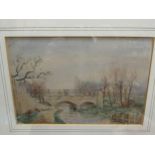 A 19th Century watercolour of bridge scene, George Gregor Delotz reference verso, 10.5cm x 16cm,