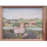 Two naive Continental acrylics, one of cats beside river, the other of crowd beside river (2)