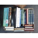 A box of mainly clock and antiques reference works and views of Old England etc