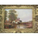 A modern furnishing oil painting on canvas in the 19th Century style, children on ponies crossing