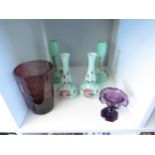 Two pairs of Victorian Opaline glass vases and two pieces of amethyst glass