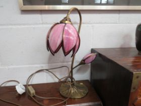 A Christopher Wray 1970's Lotus lamp with brass effect and pink glass, with side bulb, 42.5cm tall