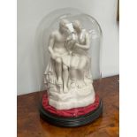 A Parian porcelain figural group of courting couple with dove, housed under a glass dome, 25cm tall