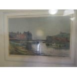 CLAUDE ROWBOTHAM: A coloured and signed etching, depicting a harbour scene, 14.5cm x 22cm, framed