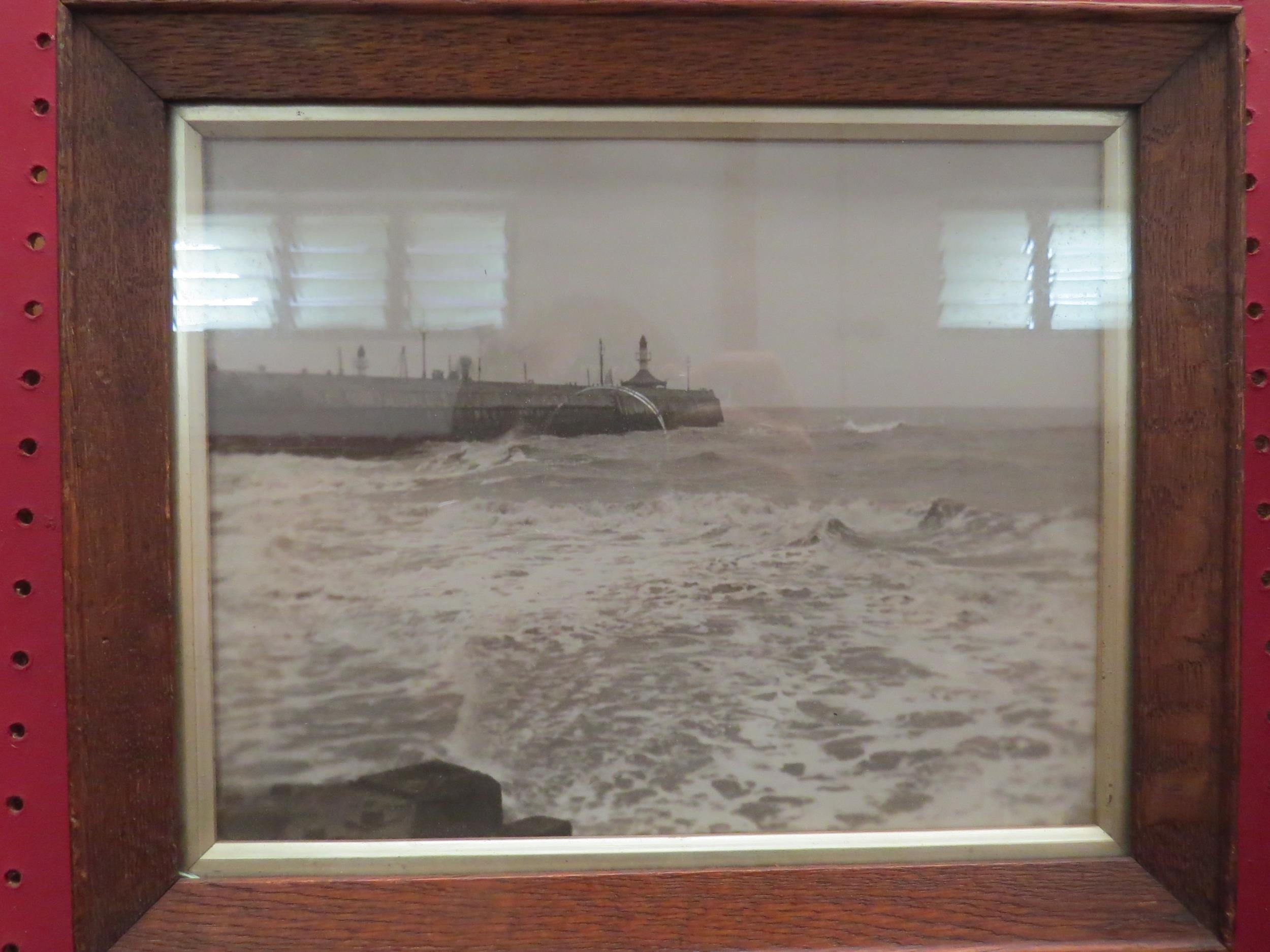 A pair of oak framed vintage photographs of Lowestoft pier and harbour, 18cm x 23cm image sizes - Image 2 of 3