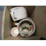 A box containing various china including chamber pots, jugs, retro storage jars etc.