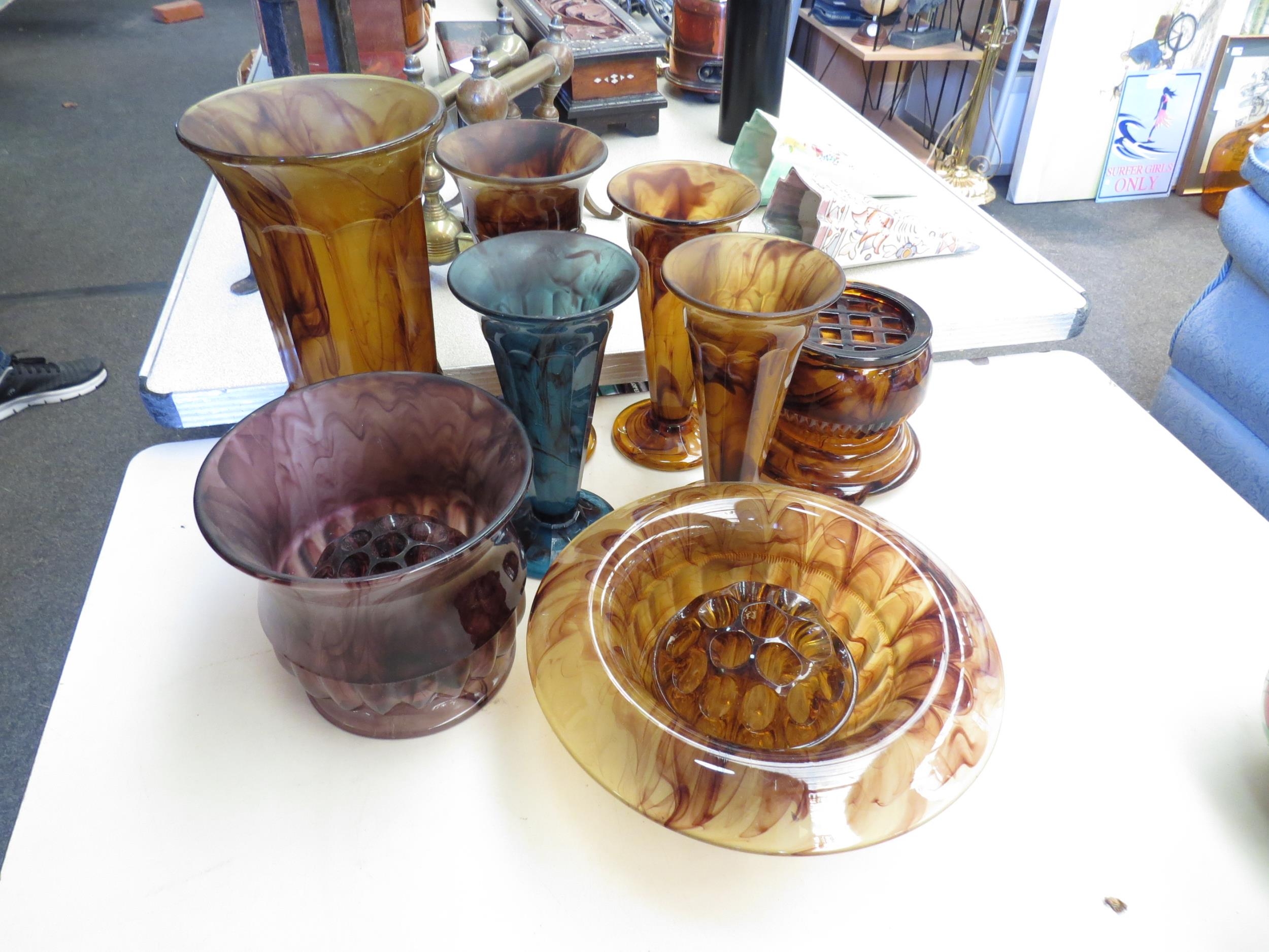 A large collection of Davidson Cloud glass, vases, frog bowls etc (8)