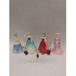 Four Royal Doulton ladies plus three glass figures of deer