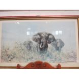 A David Shepherd print, "Three Happy Jumbos", signed in pencil, framed and glazed, 45cm x 84cm