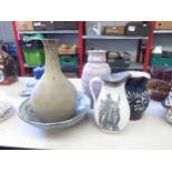 A studio pottery vase together with two jugs and bowl etc (5)