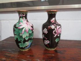 A pair of 20th Century cloisonne vases. 21cm high