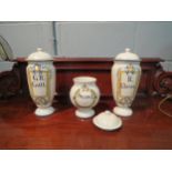 Three Spanish faience drug jars: Scord, G R Gutt and R Elem. Various chips, restored, tallest 30cm