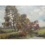 Two early to mid 20th Century rural landscapes, river and trees, farm track, oil on canvas, signed