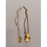 An 18ct gold locket on 9ct gold chain and a 14ct rolled gold locket on 9ct gold chain (2)