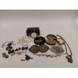 A quantity of bijouterie including brooch stamped 9ct a/f, silver; bangle, pocket watch, belt