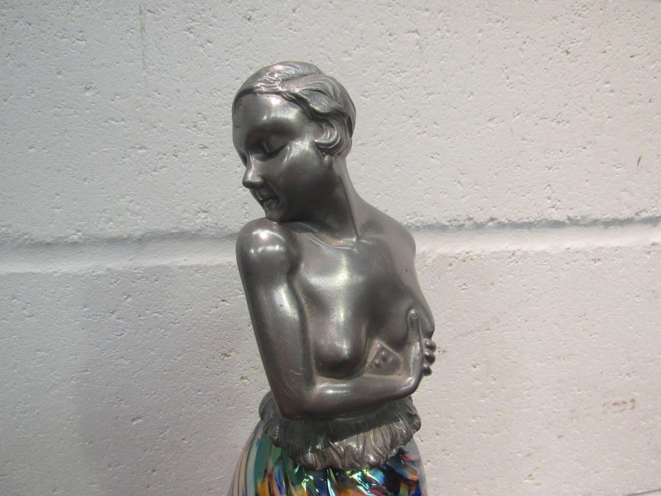 A 1920's style Brevette cast alloy lamp of a semi-clad lady with iridescent shade as a skirt, 36cm - Image 2 of 2