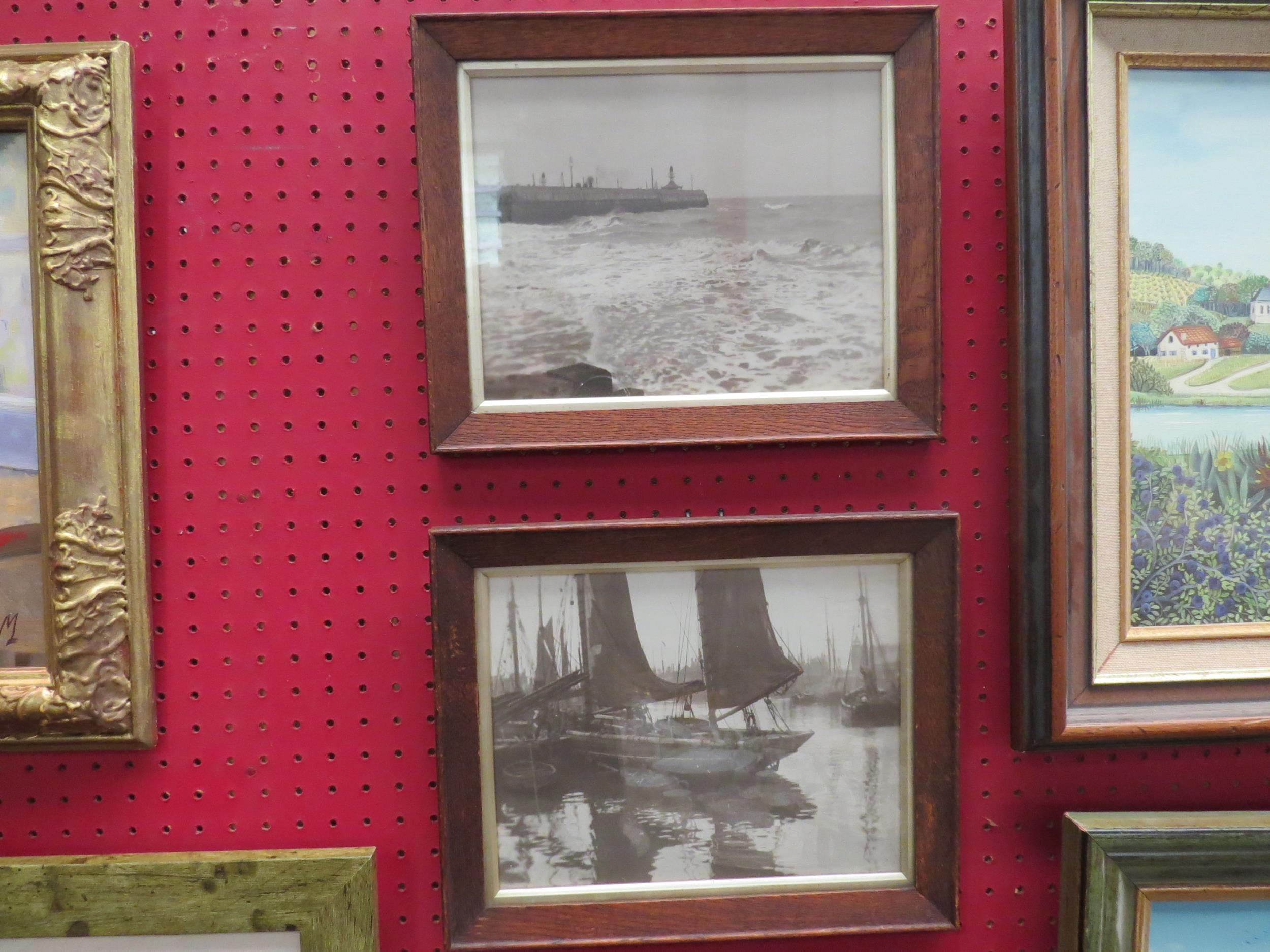 A pair of oak framed vintage photographs of Lowestoft pier and harbour, 18cm x 23cm image sizes
