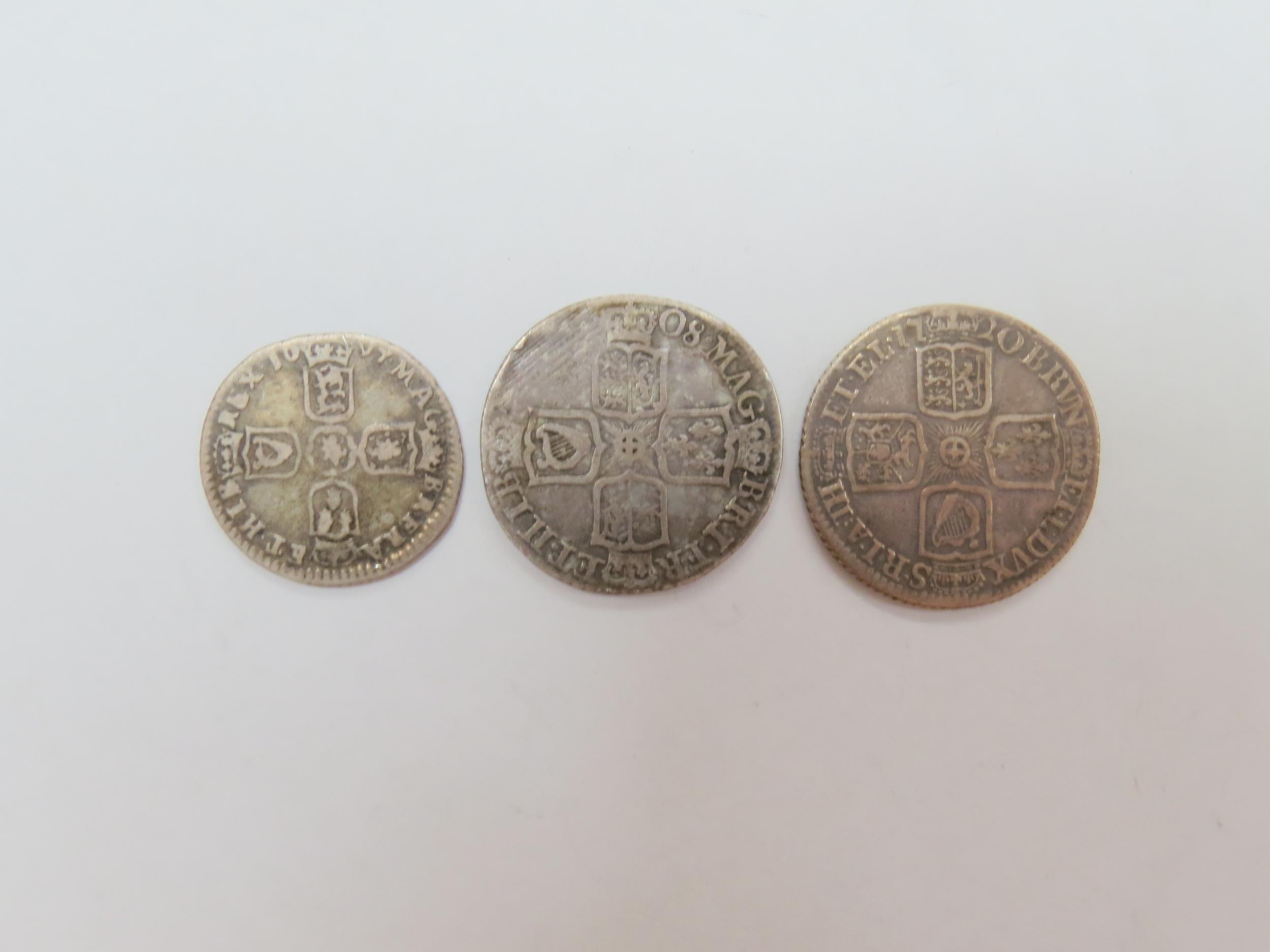 A 1696 William III sixpence, together with shillings of Queen Anne, 1708 & George I, 1720 - Image 2 of 2