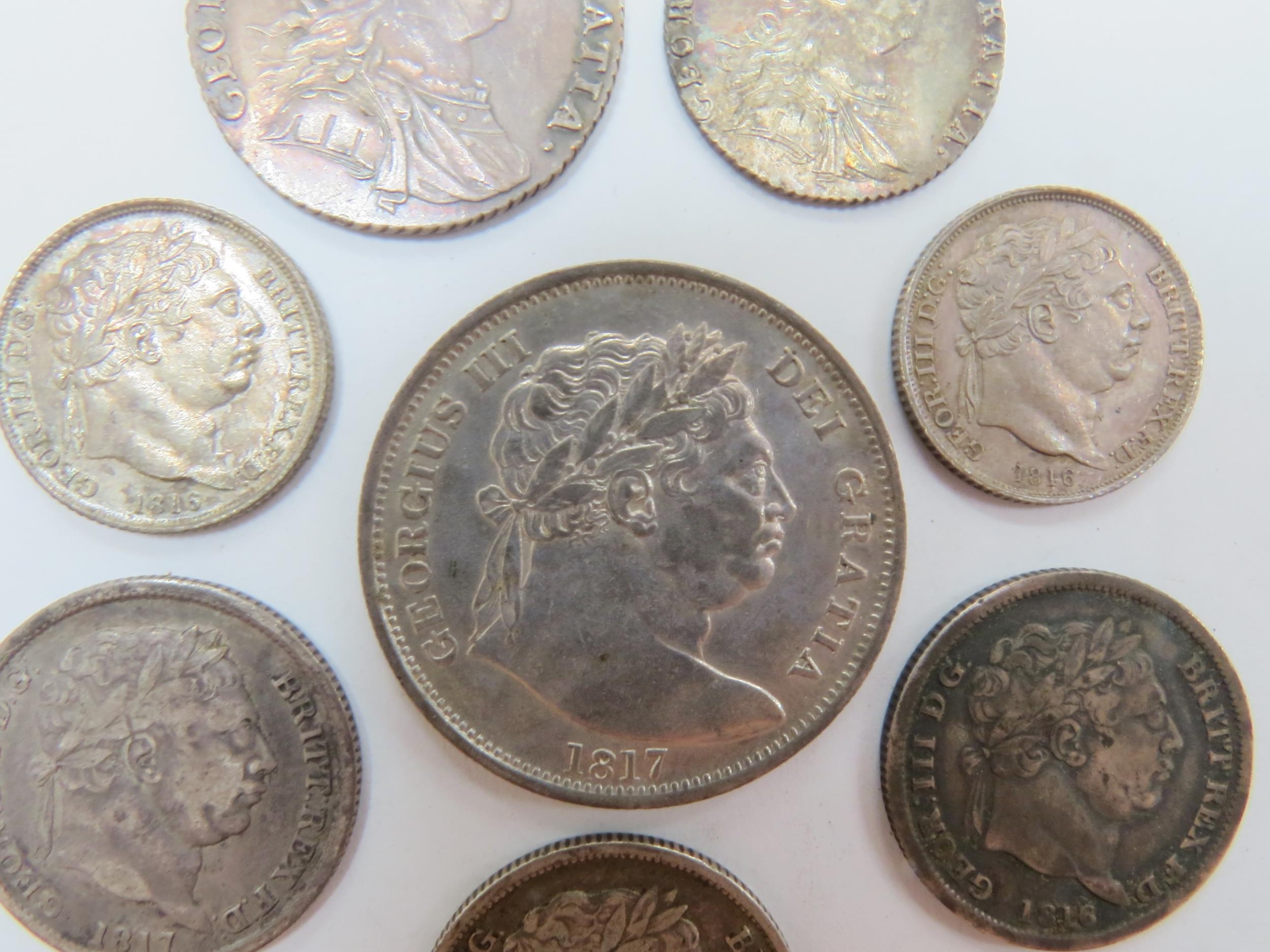 George III (1760-1820): A collection of silver coinage from halfcrown down to sixpence. Laureate and - Image 3 of 5