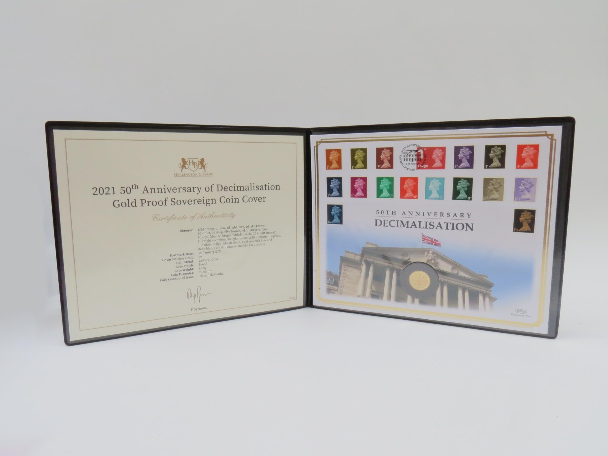 A Harrington & Byrne 2021 50th Anniversary of Decimalistaion gold proof "Sovereign" coin cover of