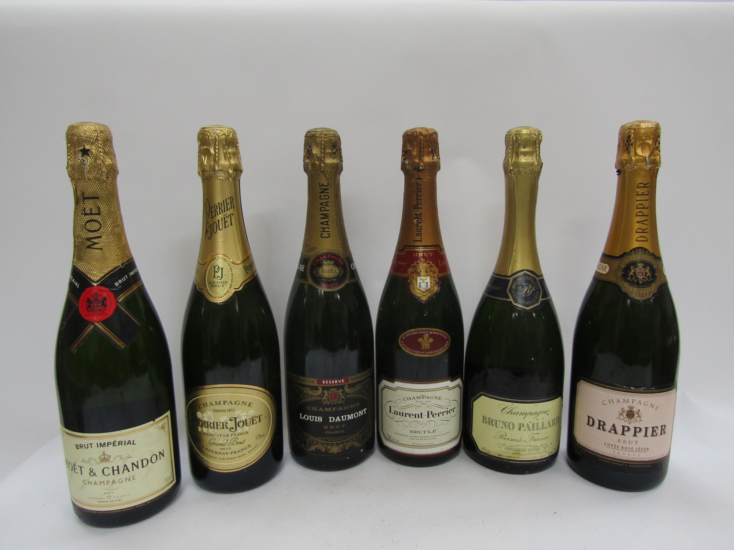 Six bottles of Champagne including Moet and Chandon, Perrier Jouet, Louis Daumont, Laurent-