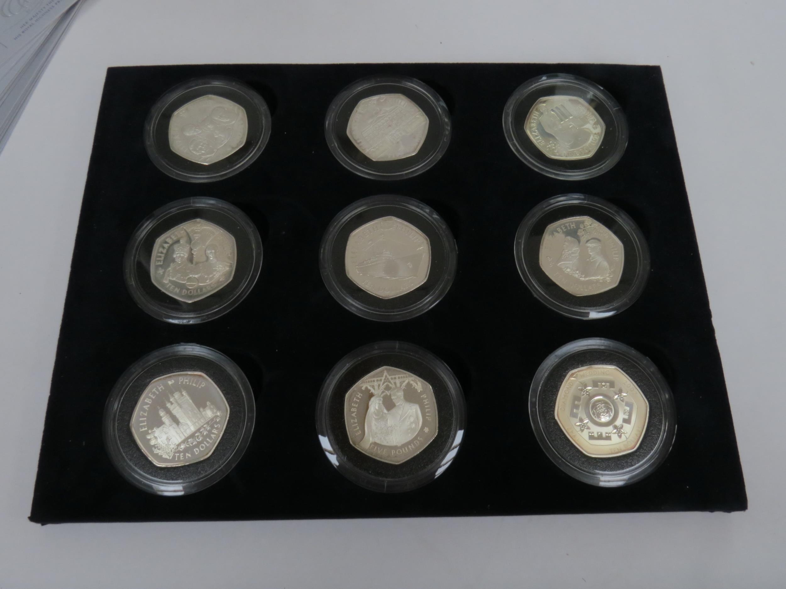 A Royal Mint "Diamond Wedding Anniversary" silver proof crown set of 18 hexagonal dollar and five - Image 2 of 2