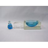 A Murano cased glass ashtray, a Mdina bird paperweight and one other (3)