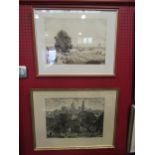 Two engravings, town scene and "Bring in the Harvest", both framed and glazed, 41cm x 55cm