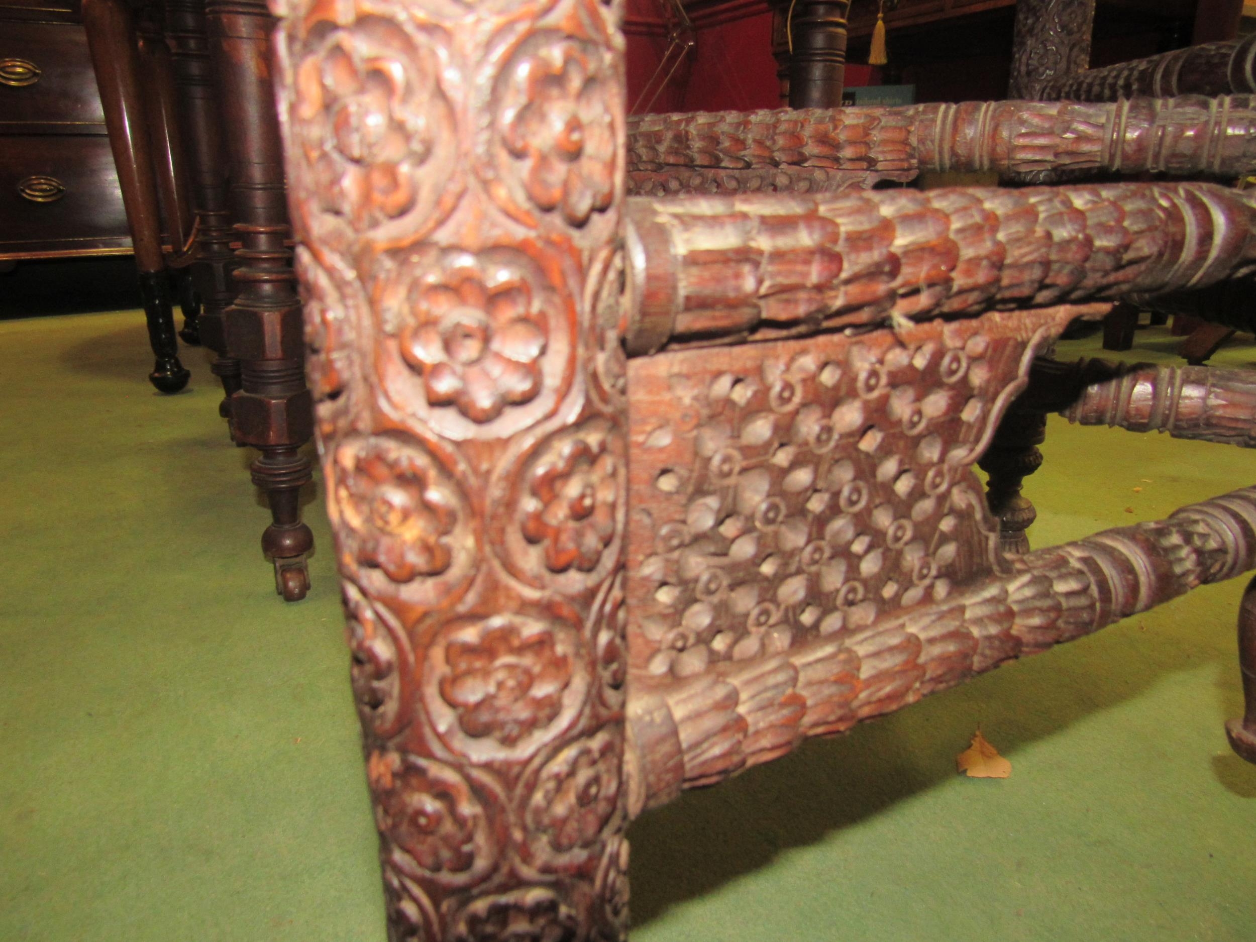 A circa 1900 Indian hexagonal occasional table with carved base, later top, 72cm diameter - Image 3 of 3