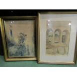 A watercolour depicting a bridge scene and a pencil and watercolour of maiden, both framed and