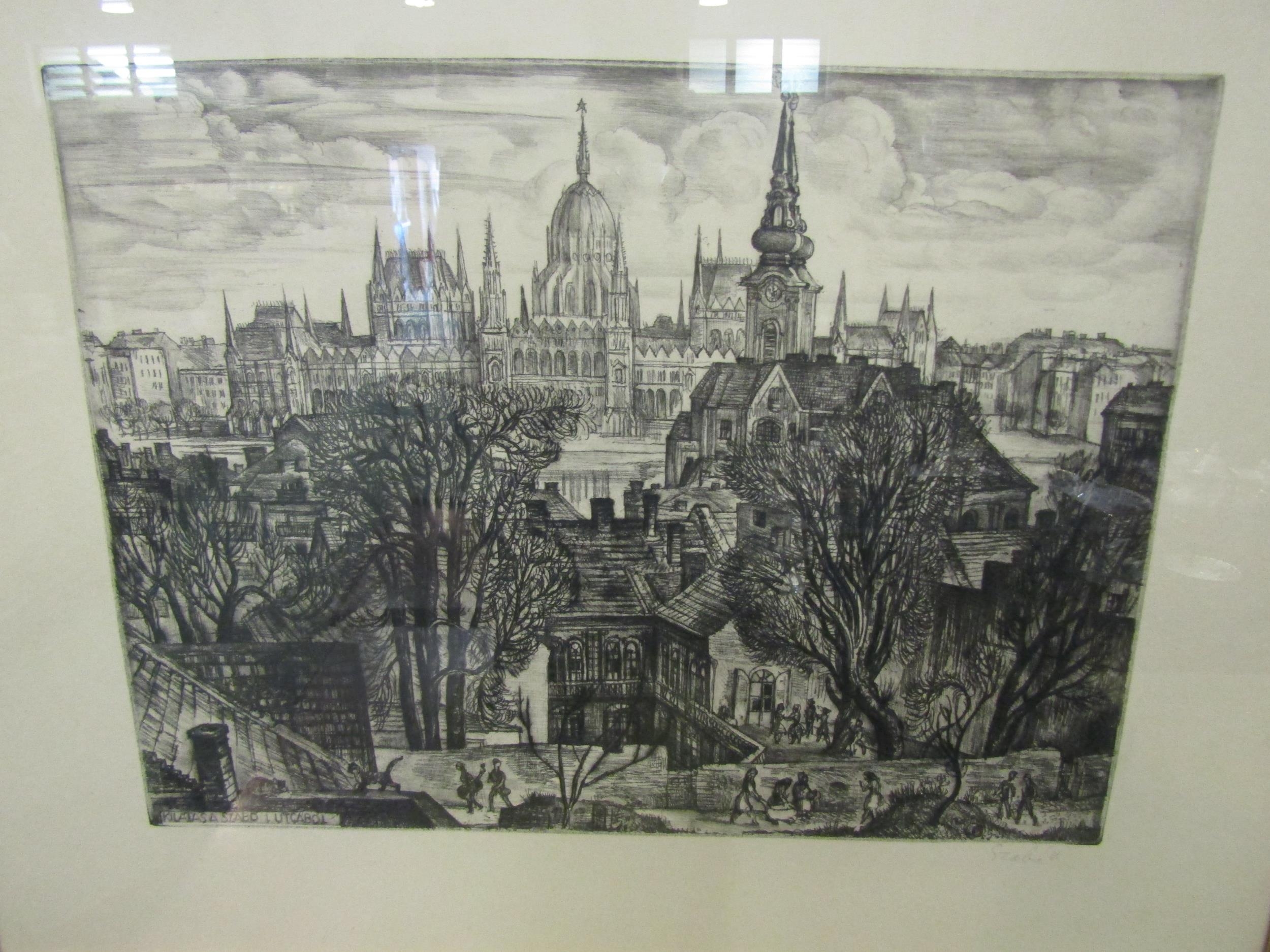 Two engravings, town scene and "Bring in the Harvest", both framed and glazed, 41cm x 55cm - Image 3 of 3