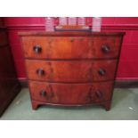 A 19th century mahogany bow front chest of three long drawers, 85cm high x 91cm wide x 49cm deep