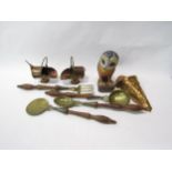 A small collection of copper and brassware, a Chinese owl, etc