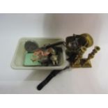 A selection of curiosities including miniature brass candlestick, coal scuttle, watches, compacts,