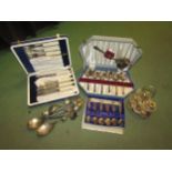 Mixed cased and uncased flatware including four piece cruet in stand