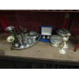 Assorted plated and metalware including cased salt and pepper, pair of candlesticks, large oval