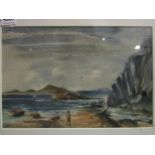 A watercolour by H Newbold of a figure on a rocky shore, islands and boats in the distance,