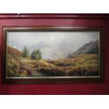 Rex Preston colour print depicting Highland scene, framed and glazed, 44cm x 90cm