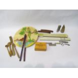 Two cased slide rules, a hand-painted fan, wooden kitchen utensils, horn powder flask a/f, two