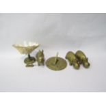 A quantity of decorative brass including clam shell pedestal bowl, animal figures and sundial