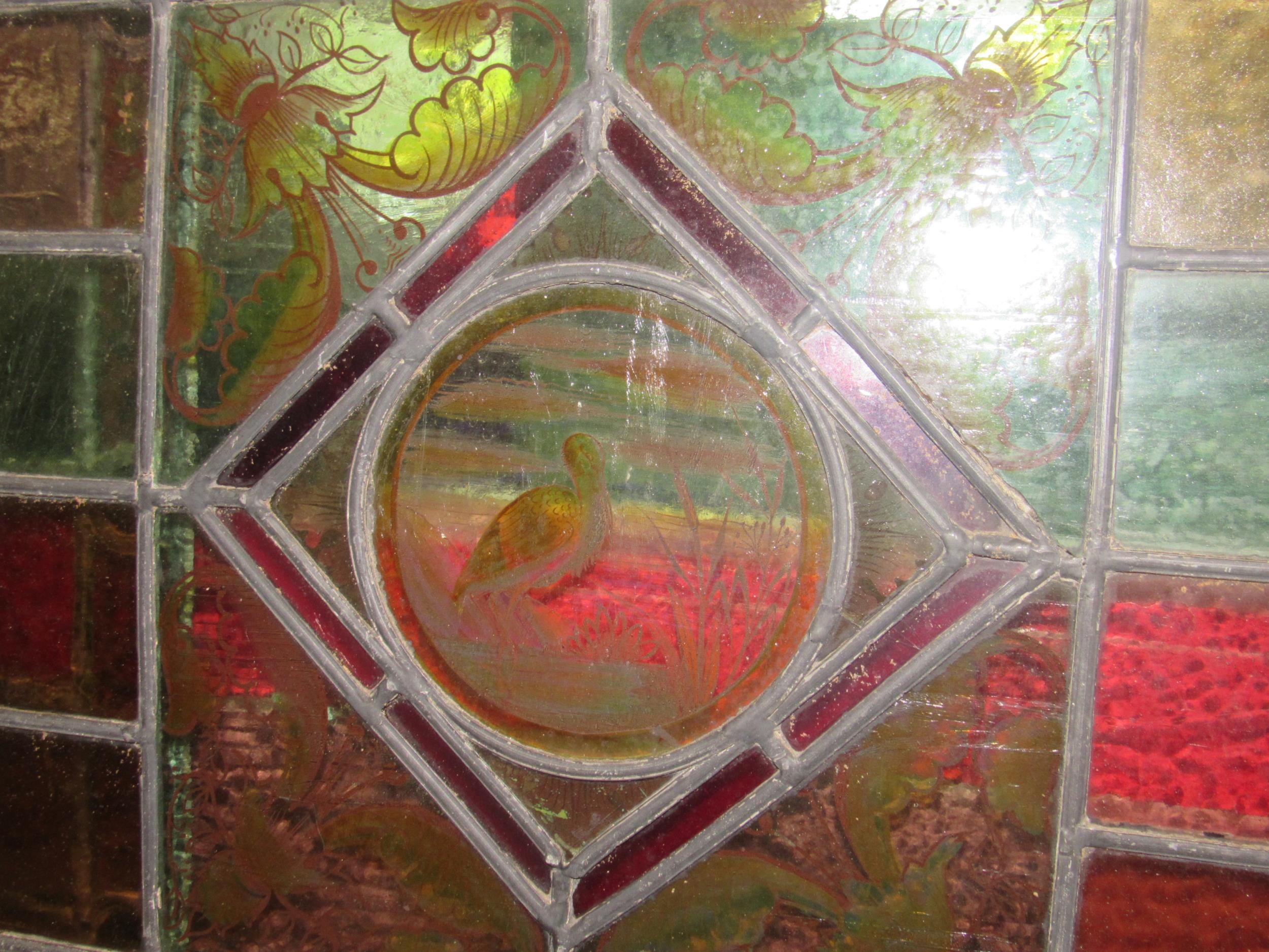 A pair of leaded/stained glass windows each 64cm x 46cm with avian/foliate decoration, a/f - Image 2 of 3