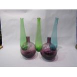 Two Art glass spherical vases and three tall glass stem vases