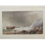 An unsigned watercolour of shipwreck and figures on shore, framed and glazed, 19.5cm x 34.5cm